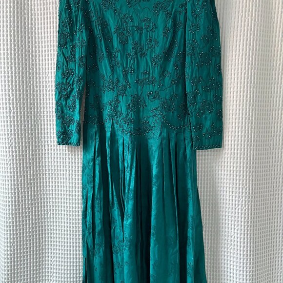 Marie St. Claire Dresses & Skirts - Vtg Marie St. Claire 1980s teal rayon beaded drop-waist tonal floral dress sz 8